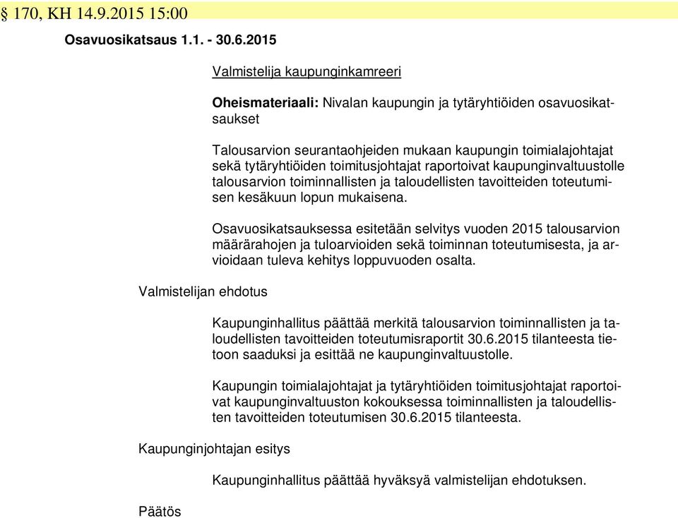 tytäryhtiöiden toimitusjohtajat raportoivat kaupunginvaltuustolle talousarvion toiminnallisten ja taloudellisten tavoitteiden toteutumisen kesäkuun lopun mukaisena.