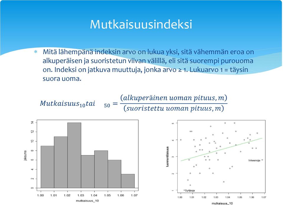 viivan välillä, eli sitä suorempi purouoma on.