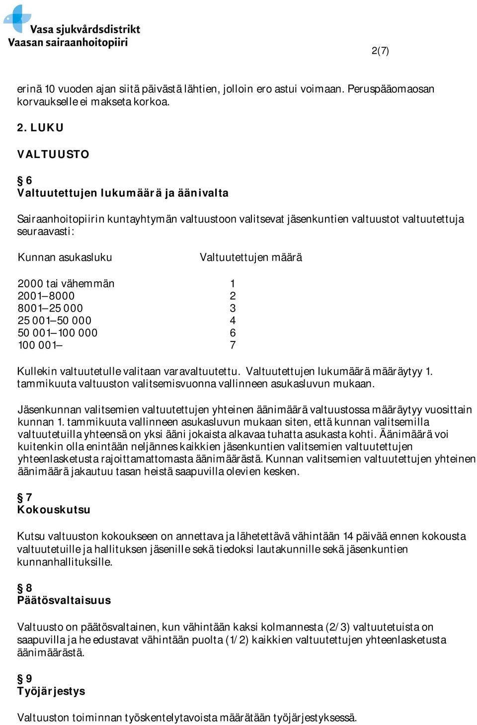 2000 tai vähemmän 1 2001 8000 2 8001 25 000 3 25 001 50 000 4 50 001 100 000 6 100 001 7 Kullekin valtuutetulle valitaan varavaltuutettu. Valtuutettujen lukumäärä määräytyy 1.