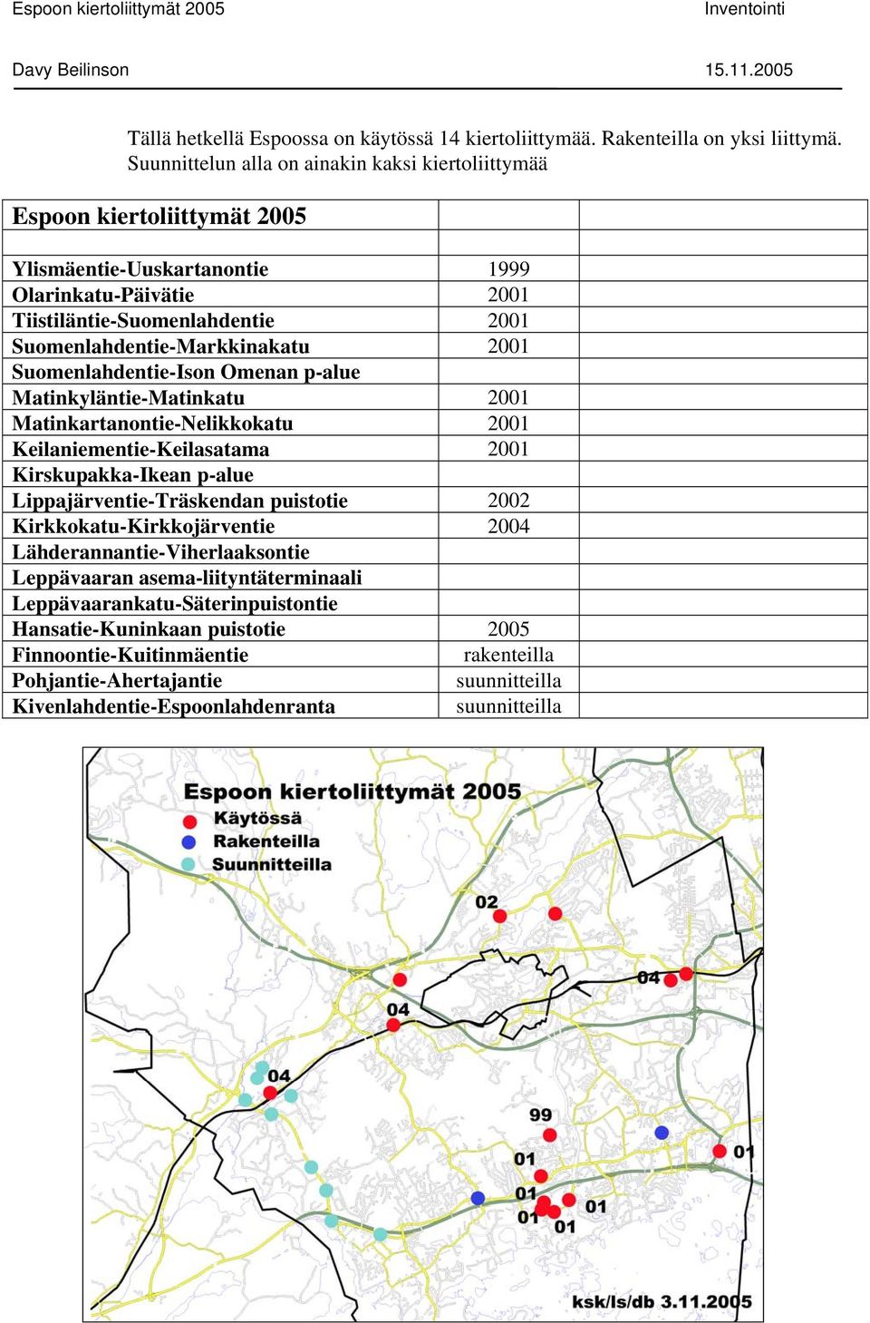 2001 Suomenlahdentie-Ison Omenan p-alue Matinkyläntie-Matinkatu 2001 Matinkartanontie-Nelikkokatu 2001 Keilaniementie-Keilasatama 2001 Kirskupakka-Ikean p-alue Lippajärventie-Träskendan puistotie