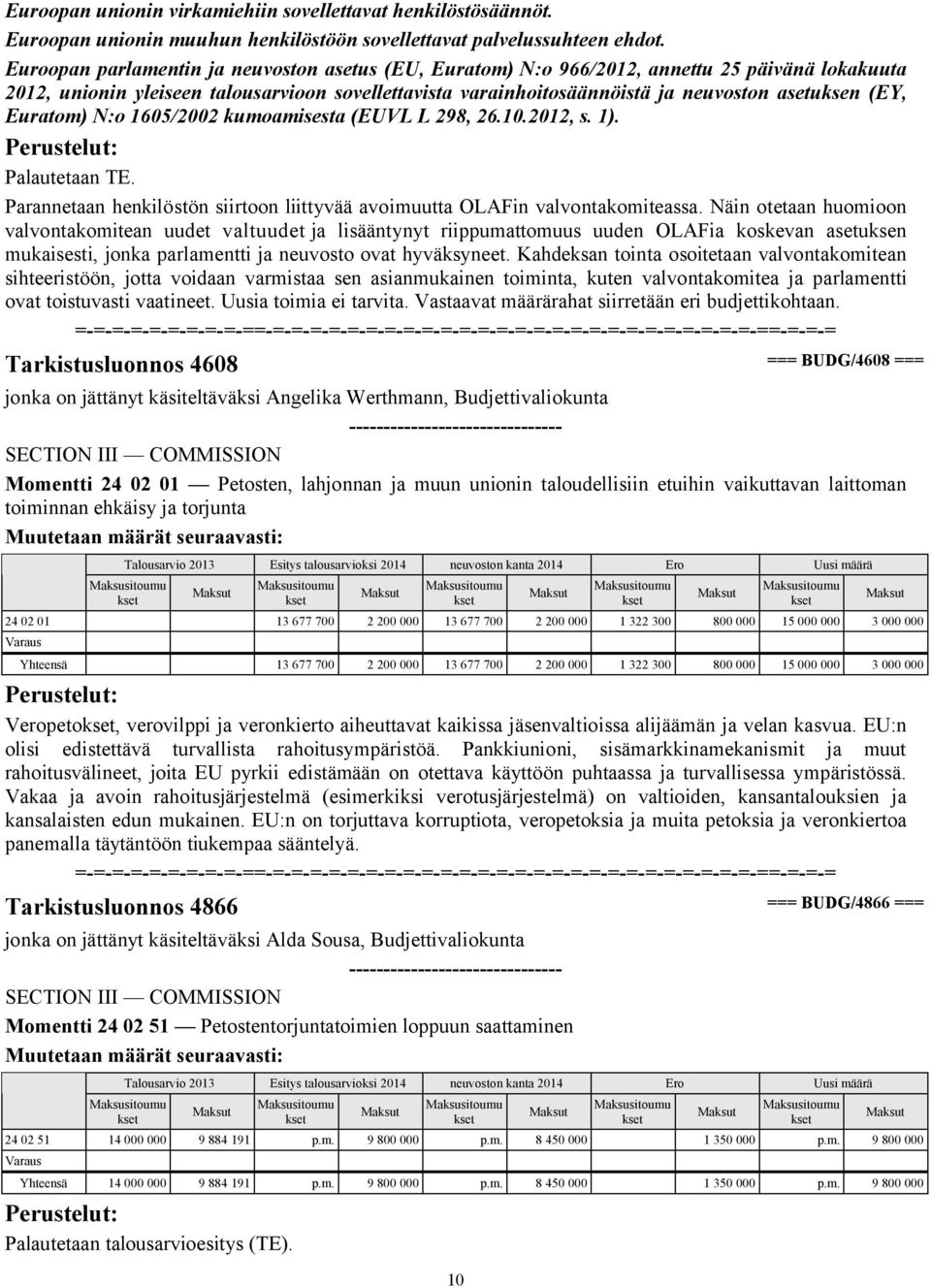 (EY, Euratom) N:o 1605/2002 kumoamisesta (EUVL L 298, 26.10.2012, s. 1). Palautetaan TE. Parannetaan henkilöstön siirtoon liittyvää avoimuutta OLAFin valvontakomiteassa.