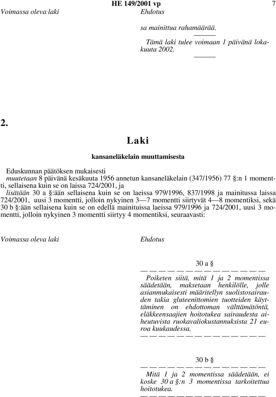 lisätään 30 a :ään sellaisena kuin se on laeissa 979/1996, 837/1998 ja mainitussa laissa 724/2001, uusi 3 momentti, jolloin nykyinen 3 7 momentti siirtyvät 4 8 momentiksi, sekä 30 b :ään sellaisena