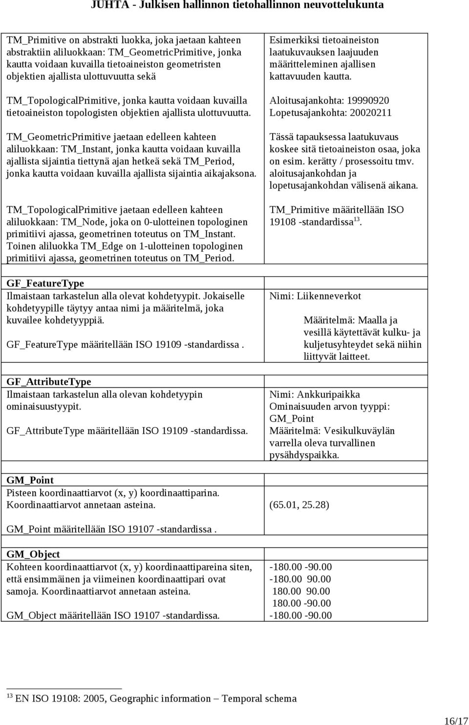TM_GeometricPrimitive jaetaan edelleen kahteen aliluokkaan: TM_Instant, jonka kautta voidaan kuvailla ajallista sijaintia tiettynä ajan hetkeä sekä TM_Period, jonka kautta voidaan kuvailla ajallista