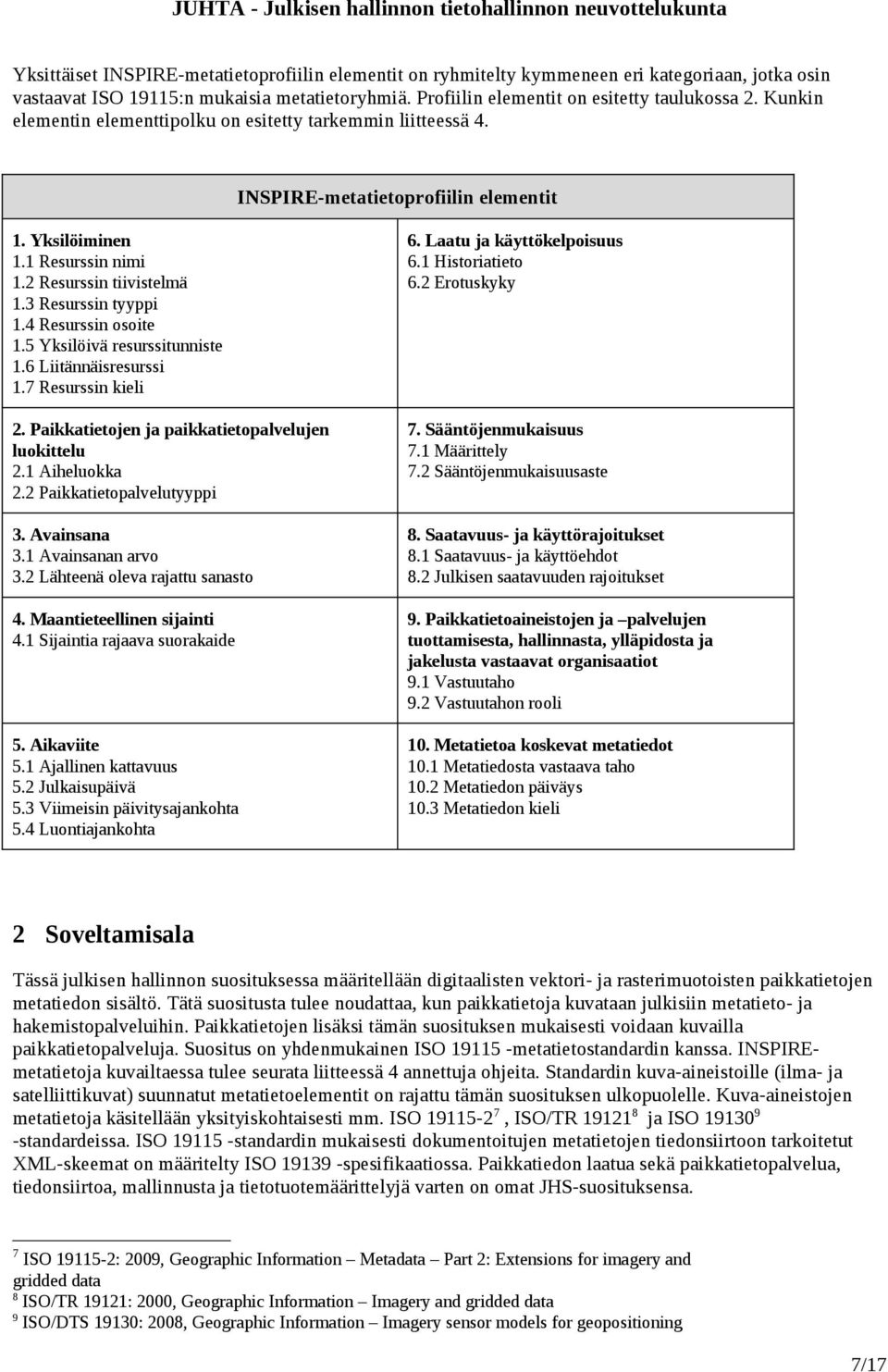 4 Resurssin osoite 1.5 Yksilöivä resurssitunniste 1.6 Liitännäisresurssi 1.7 Resurssin kieli 2. Paikkatietojen ja paikkatietopalvelujen luokittelu 2.1 Aiheluokka 2.2 Paikkatietopalvelutyyppi 3.