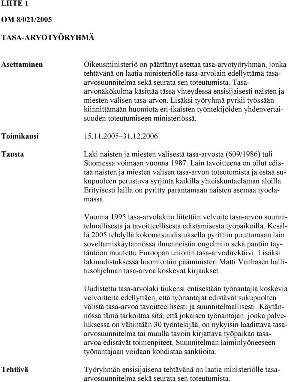 Lisäksi työryhmä pyrkii työssään kiinnittämään huomiota eri-ikäisten työntekijöiden yhdenvertaisuuden toteutumiseen ministeriössä. Toimikausi 15.11.2005 31.12.