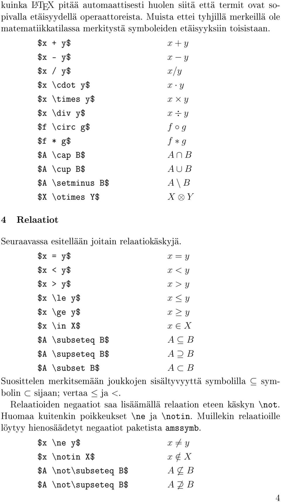 $x + y$ x + y $x - y$ x y $x / y$ x/y $x \cdot y$ x y $x \times y$ x y $x \div y$ x y $f \circ g$ f g $f * g$ f g $A \cap B$ A B $A \cup B$ A B $A \setminus B$ A \ B $X \otimes Y$ X Y 4 Relaatiot