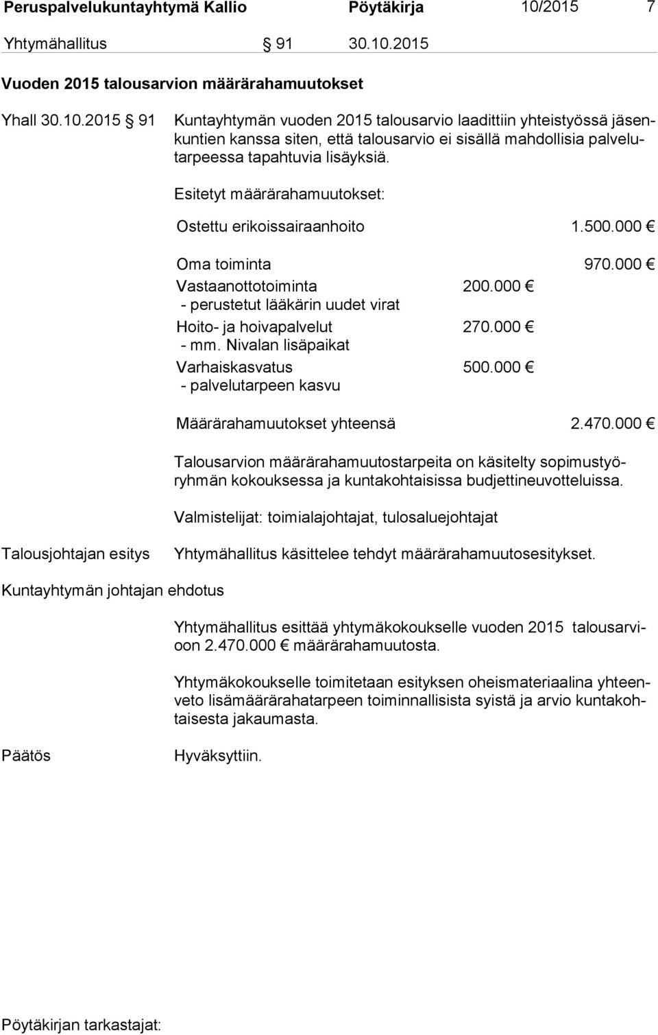 2015 Vuoden 2015 talousarvion määrärahamuutokset Yhall 30.10.
