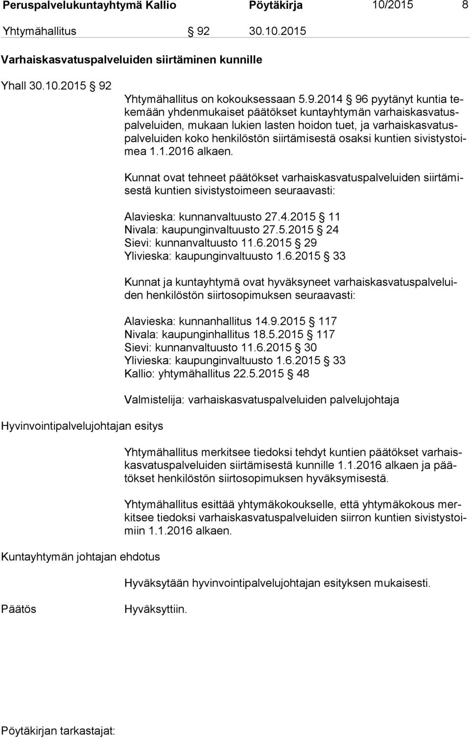 Yhtymähallitus on kokouksessaan 5.9.