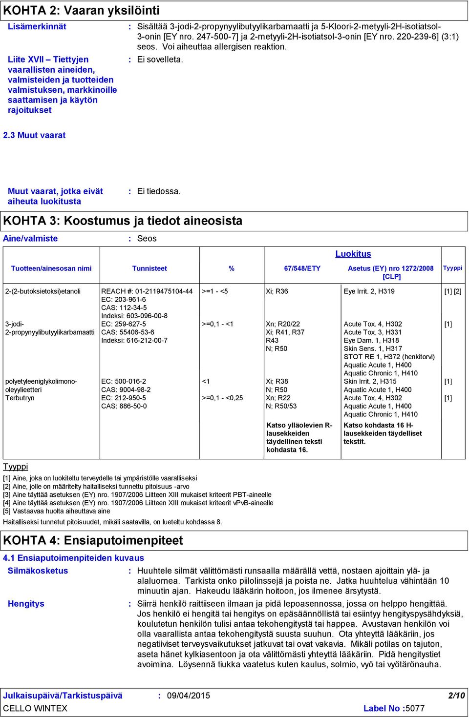 KOHTA 3 Koostumus ja tiedot aineosista Seos Tunnisteet Luokitus % 67/548/ETY Asetus (EY) nro 1272/2008 Tyyppi [CLP] 2(2butoksietoksi)etanoli REACH # 01211947510444 EC 2039616 CAS 112345 Indeksi