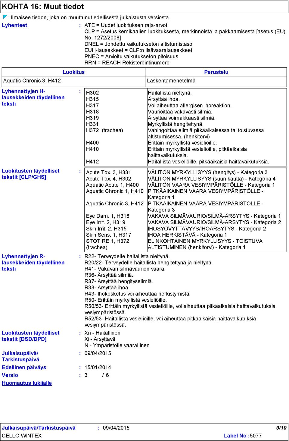 1272/2008] DNEL = Johdettu vaikutukseton altistumistaso EUHlausekkeet = CLPn lisävaaralausekkeet PNEC = Arvioitu vaikutukseton pitoisuus RRN = REACH Rekisteröintinumero Laskentamenetelmä Perustelu