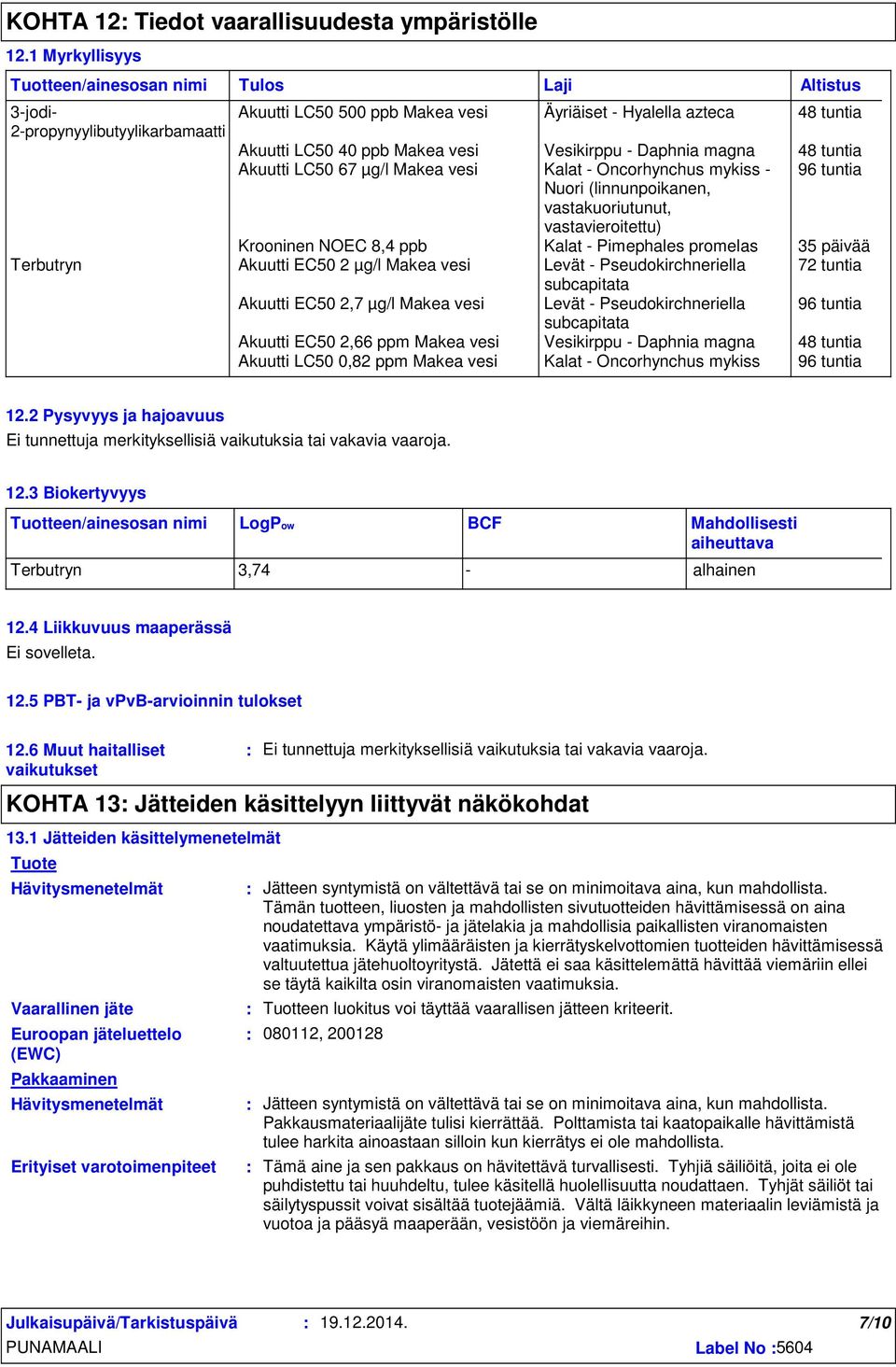 Vesikirppu Daphnia magna 48 tuntia Akuutti LC50 67 µg/l Makea vesi Kalat Oncorhynchus mykiss 96 tuntia Nuori (linnunpoikanen, vastakuoriutunut, vastavieroitettu) Krooninen NOEC 8,4 ppb Kalat