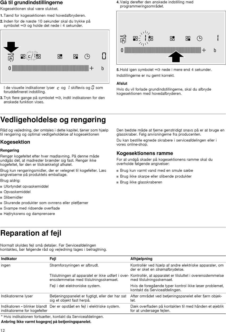 I de visuelle indikationer lyser og skiftevis og som foruddefineret indstilling. 3. Tryk flere gange på symbolet ', indtil indikatoren for den ønskede funktion vises.