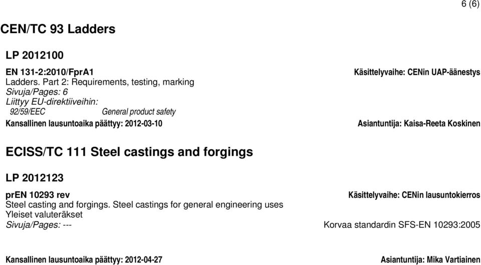 lausuntoaika päättyy: 2012-03-10 Käsittelyvaihe: CENin UAP-äänestys ECISS/TC 111 Steel castings and forgings LP 2012123 pren 10293 rev