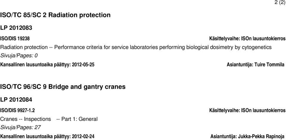 päättyy: 2012-05-25 Asiantuntija: Tuire Tommila ISO/TC 96/SC 9 Bridge and gantry cranes LP 2012084 ISO/DIS 9927-1.