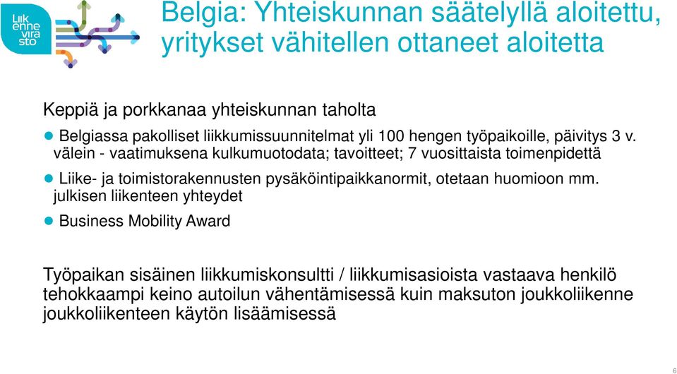 välein - vaatimuksena kulkumuotodata; tavoitteet; 7 vuosittaista toimenpidettä Liike- ja toimistorakennusten pysäköintipaikkanormit, otetaan huomioon