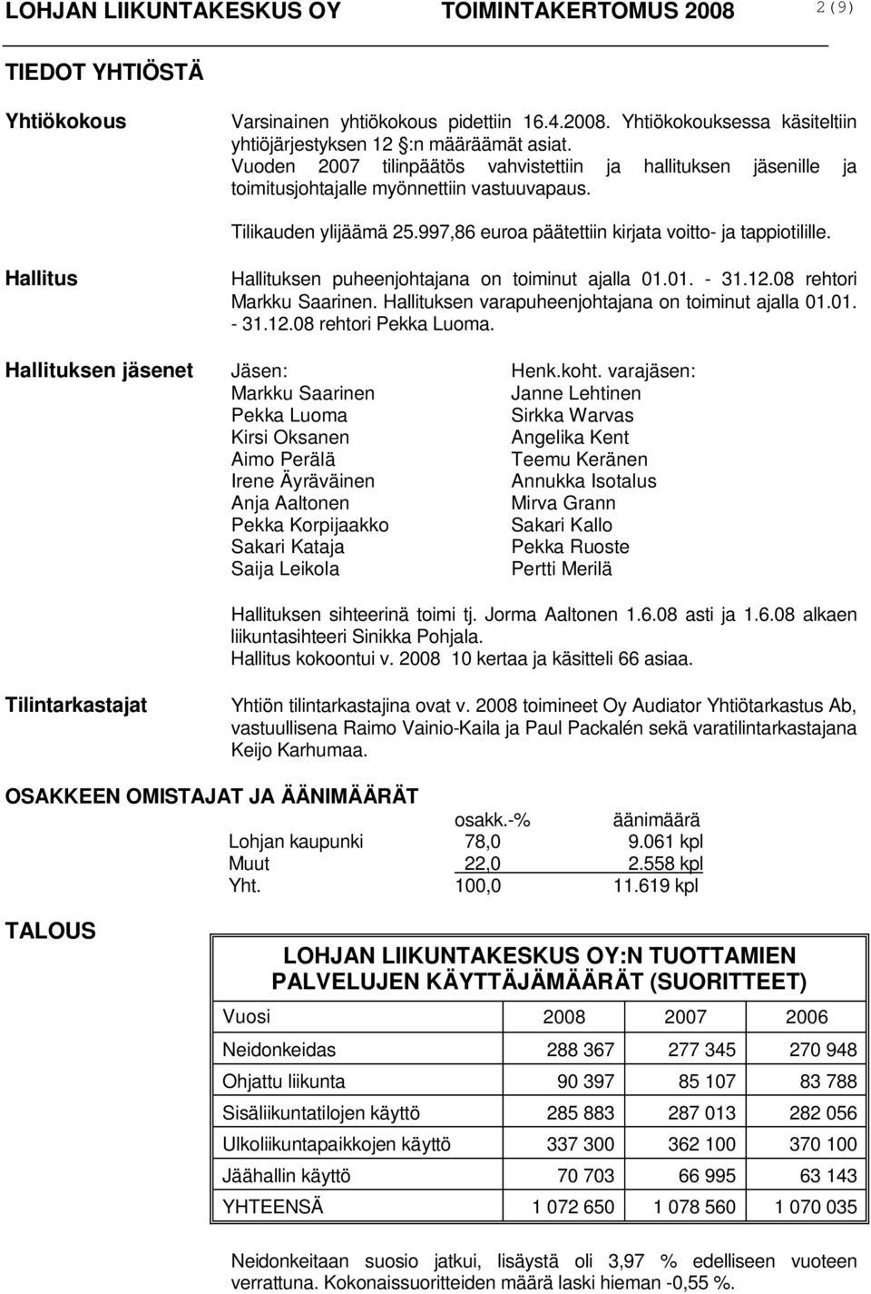 Hallitus Hallituksen puheenjohtajana on toiminut ajalla 01.01. - 31.12.08 rehtori Markku Saarinen. Hallituksen varapuheenjohtajana on toiminut ajalla 01.01. - 31.12.08 rehtori Pekka Luoma.