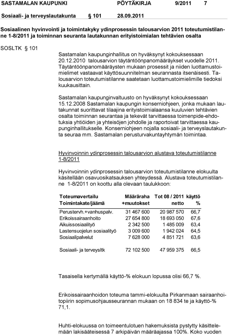 kaupunginhallitus on hyväksynyt kokouksessaan 20.12.2010 talousarvion täytäntöönpanomääräykset vuodelle 2011.