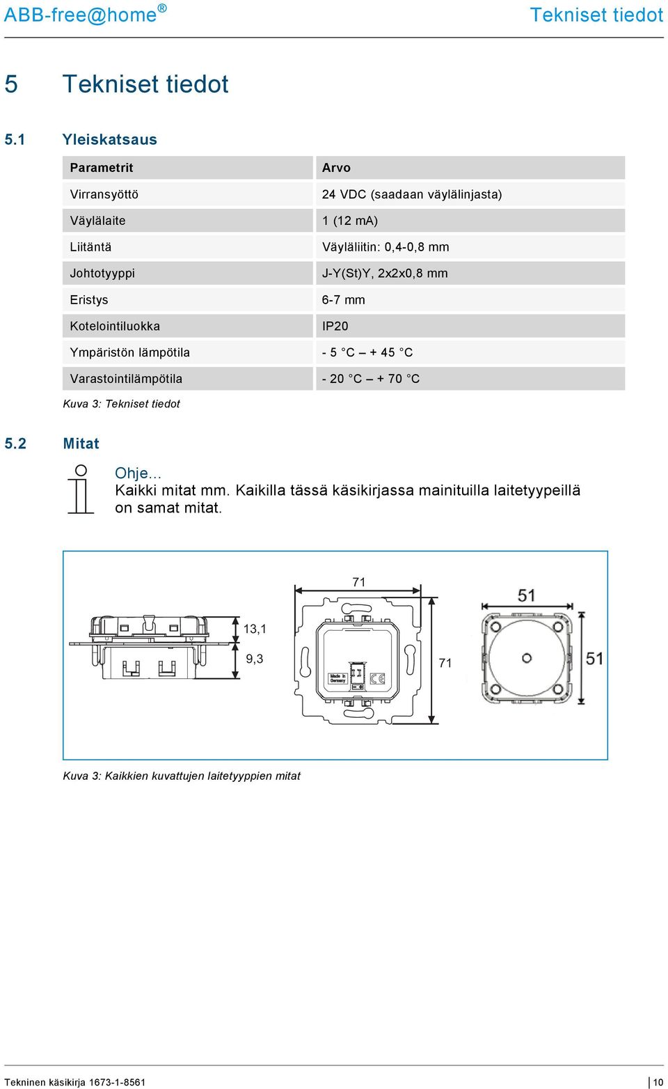 väylälinjasta) 1 (12 ma) Väyläliitin: 0,4-0,8 mm J-Y(St)Y, 2x2x0,8 mm 6-7 mm IP20 Ympäristön lämpötila - 5 C + 45 C
