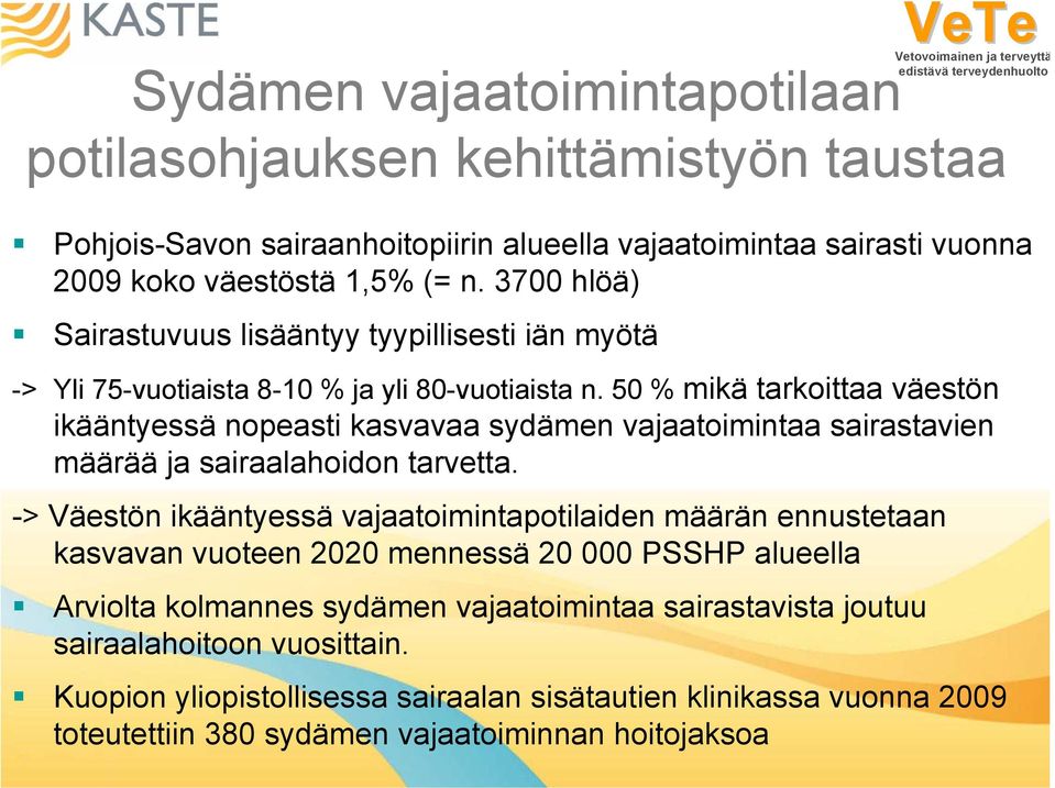 50 % mikä tarkoittaa väestön ikääntyessä nopeasti kasvavaa sydämen vajaatoimintaa sairastavien määrää ja sairaalahoidon tarvetta.