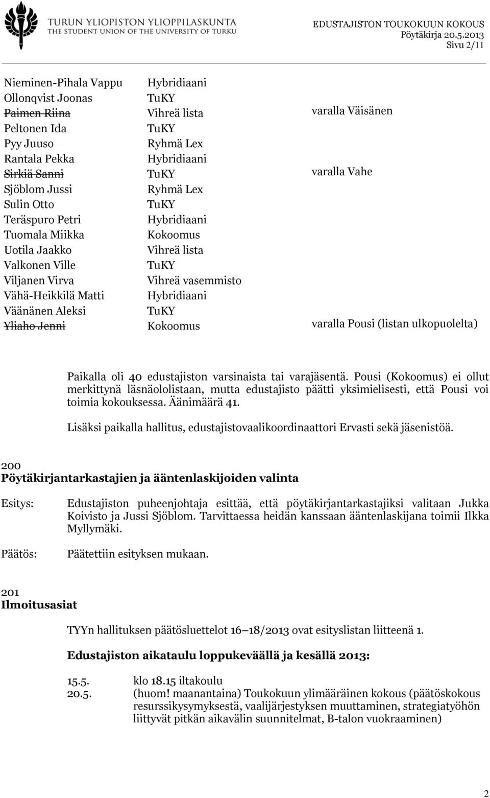 Aleksi Yliaho Jenni Kokoomus varalla Pousi (listan ulkopuolelta) Paikalla oli 40 edustajiston varsinaista tai varajäsentä.