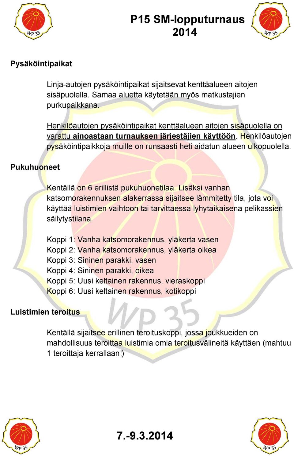 Henkilöautojen pysäköintipaikkoja muille on runsaasti heti aidatun alueen ulkopuolella. Kentällä on 6 erillistä pukuhuonetilaa.