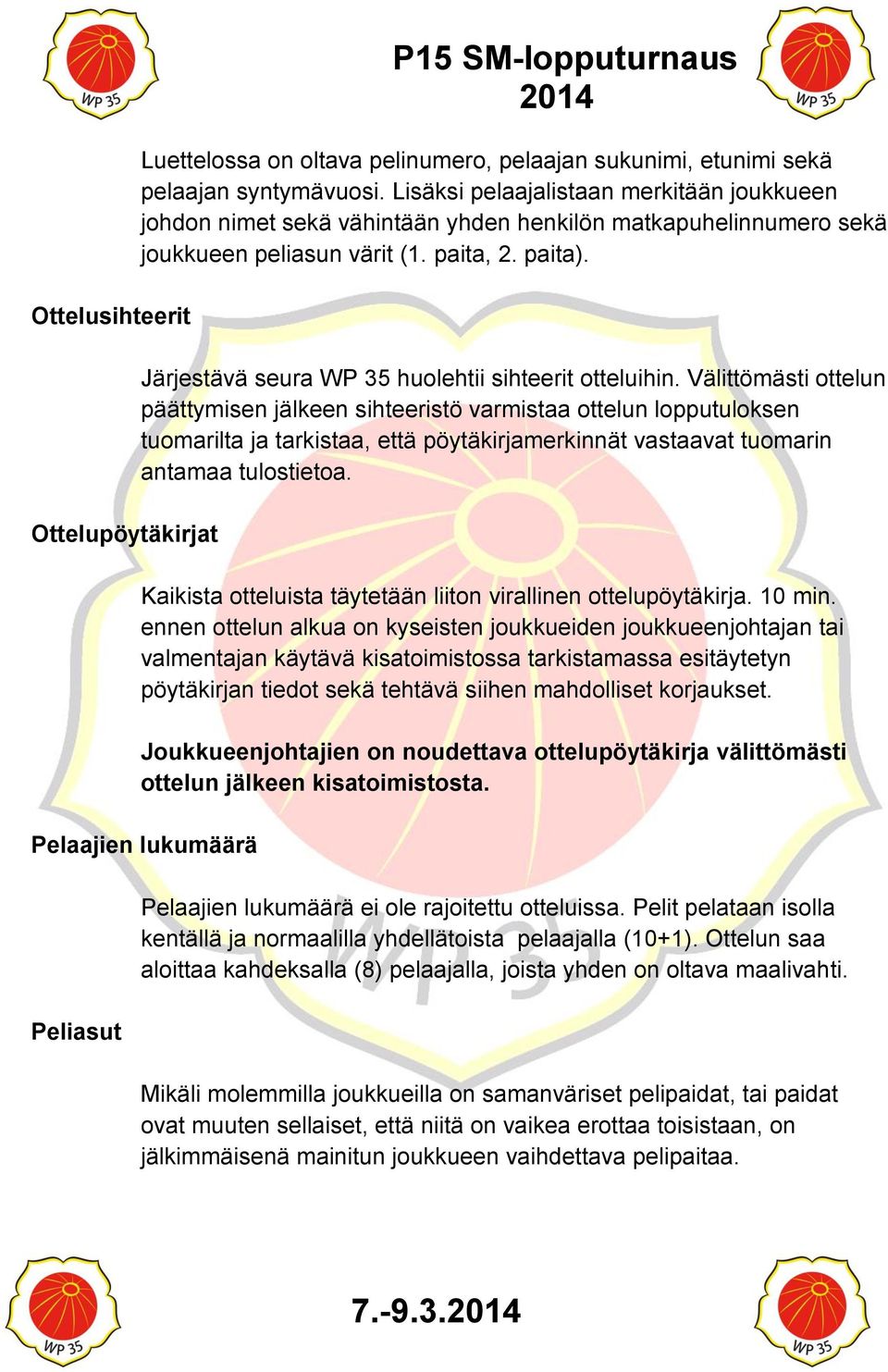 Järjestävä seura WP 35 huolehtii sihteerit otteluihin.