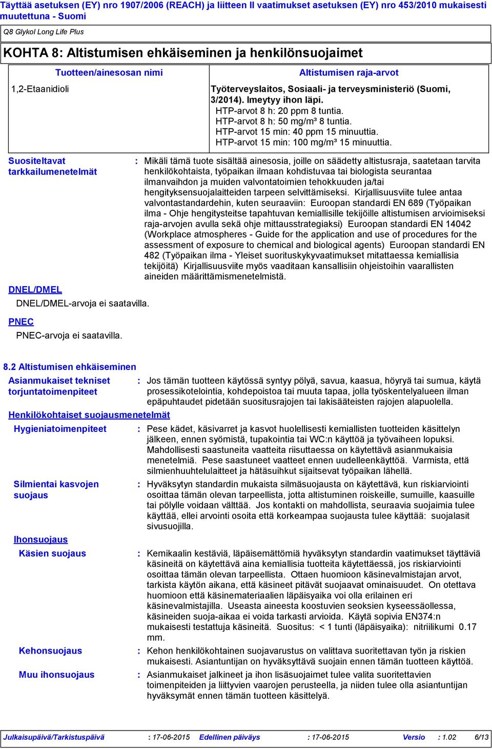 Suositeltavat tarkkailumenetelmät DNEL/DMEL DNEL/DMELarvoja ei saatavilla. PNEC PNECarvoja ei saatavilla.