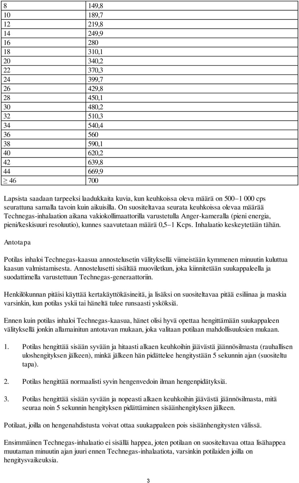 On suositeltavaa seurata keuhkoissa olevaa määrää Technegas-inhalaation aikana vakiokollimaattorilla varustetulla Anger-kameralla (pieni energia, pieni/keskisuuri resoluutio), kunnes saavutetaan