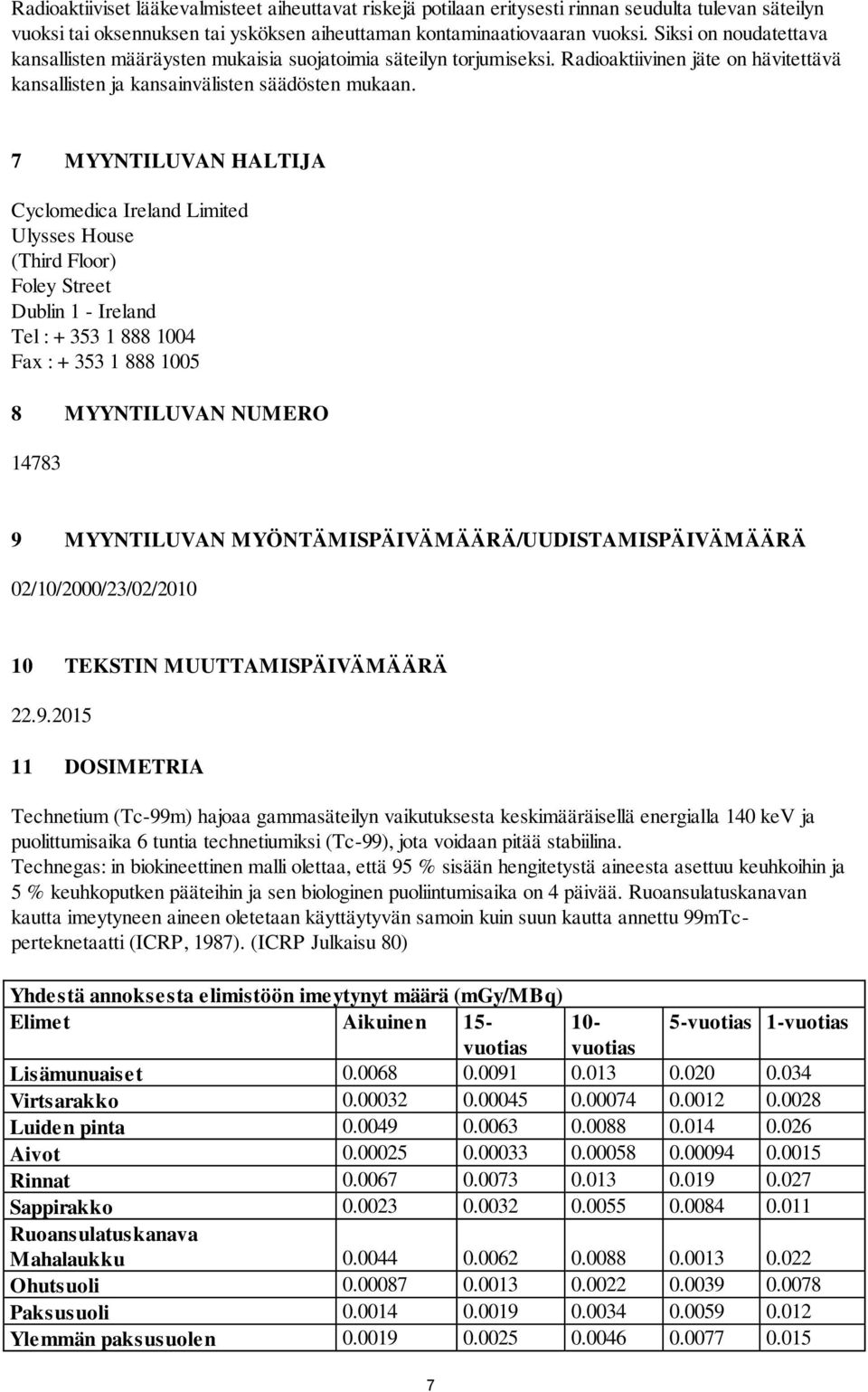 7 MYYNTILUVAN HALTIJA Cyclomedica Ireland Limited Ulysses House (Third Floor) Foley Street Dublin 1 - Ireland Tel : + 353 1 888 1004 Fax : + 353 1 888 1005 8 MYYNTILUVAN NUMERO 14783 9 MYYNTILUVAN