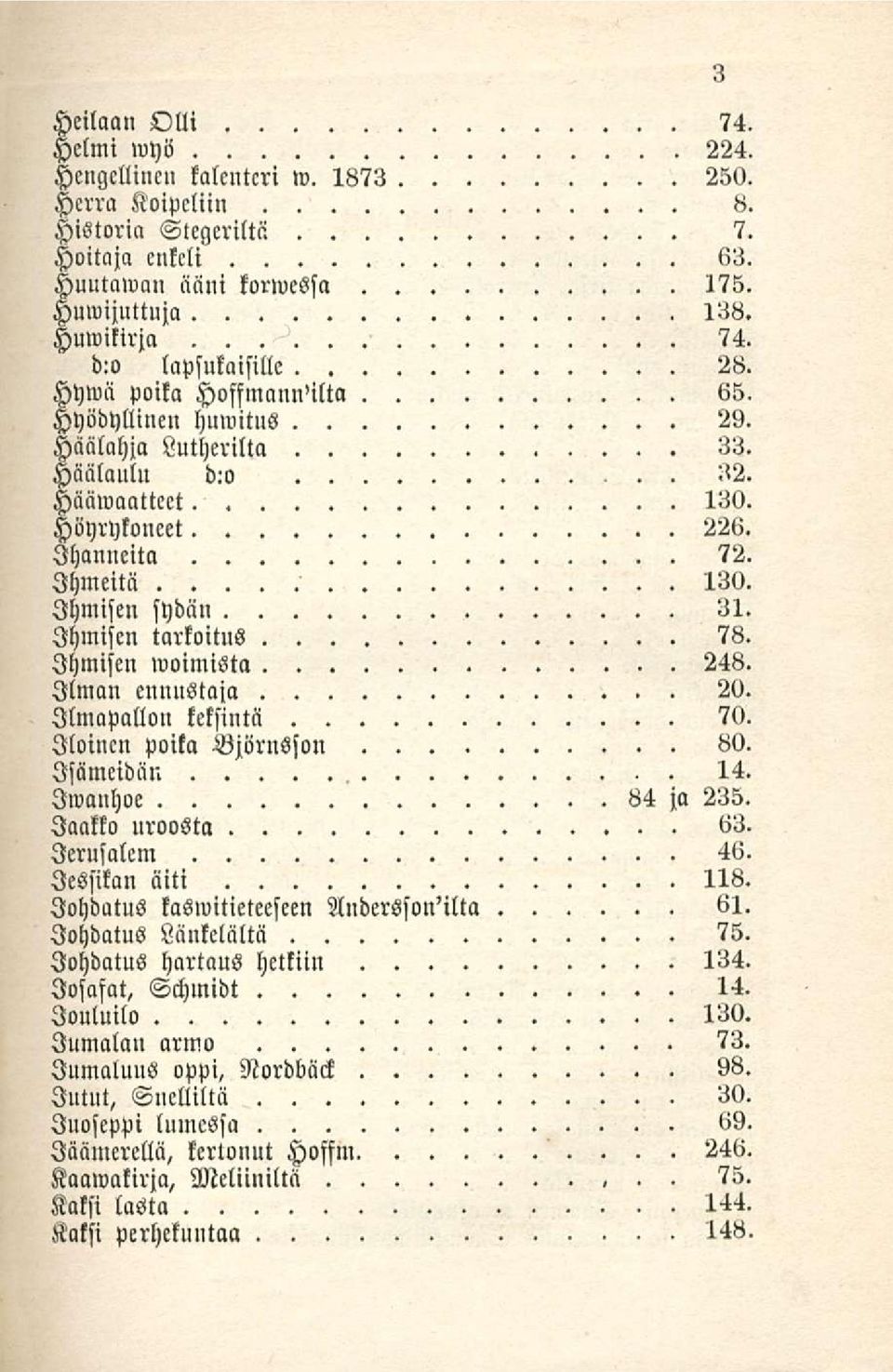 Ihmisen tarkoitus 78. Ihmisen»voimista 248. Ilman ennustaja 20. Ilmapallon keksintä 70. Iloinen poika Ojörnsson 80. Isämeidän, 14. Iwanhoe 84 ja 235. Jaakko uroosta 63. Jerusalem 46.