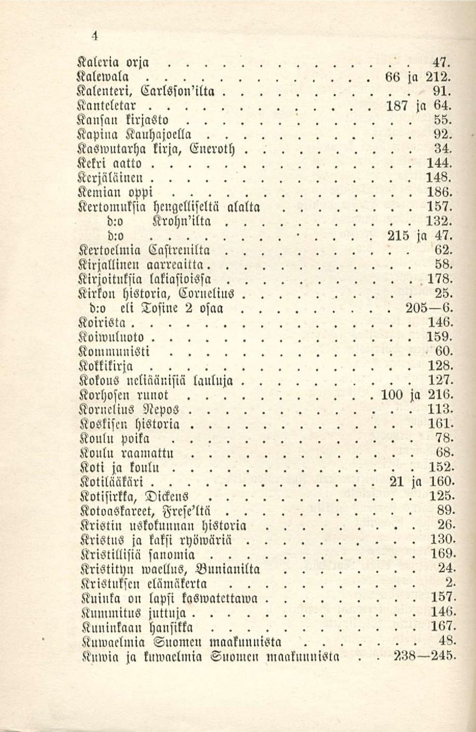 Kirkon historia, Coruclius 25. d:o cli Tosine 2 osaa 205 6. Koirista 146. Koiwuluoto 159. Kommunisti 60. Kokkikirja 128. lauluja 127. Kokous ucliäänisiä Korhoseu runot 100 ja 216. Kornelius NepoS 113.
