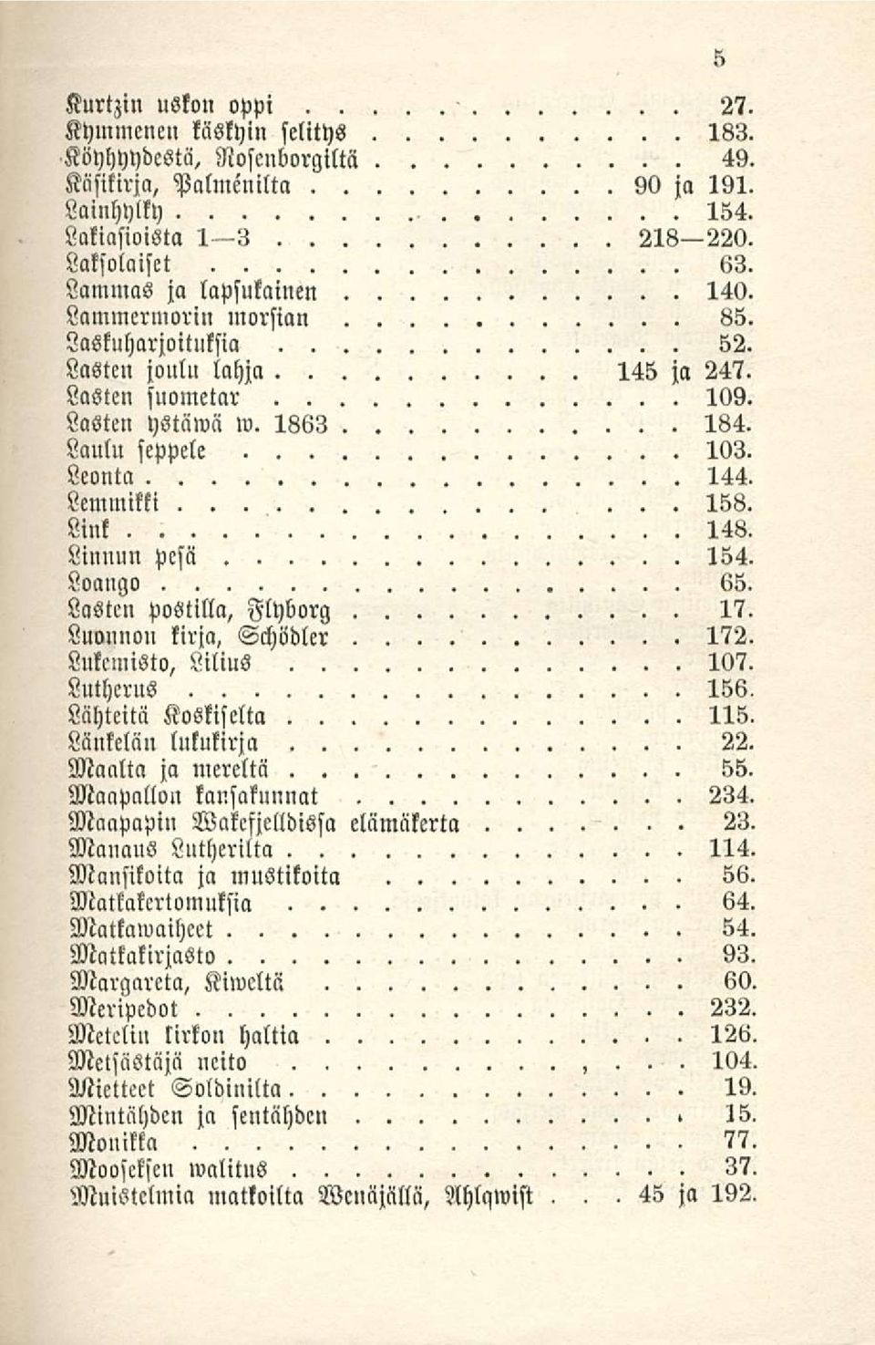 Link 148. Linnun pesä 154. Loango 65. Lasten postilla, Flyborg 17. Luonnon kirja, Schödler 172. Lukemisto, Lilius 107. Lutherus 156, Lähteitä Koskiselta 115. Länkelän lukukirja 22.