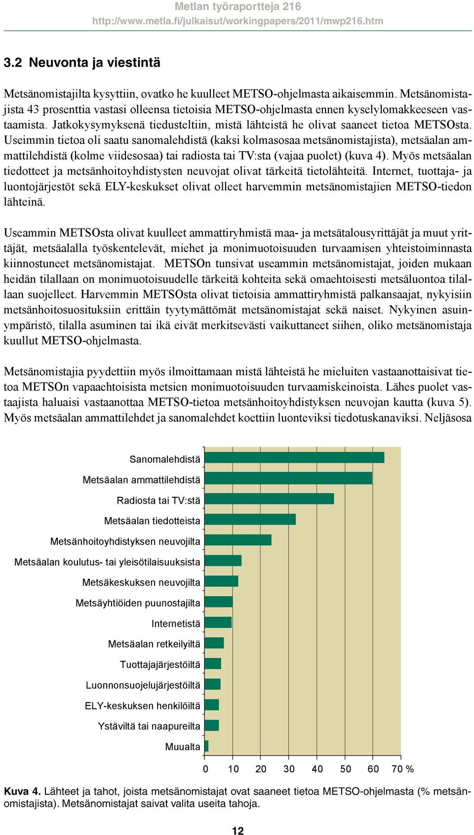 Useimmin tietoa oli saatu sanomalehdistä (kaksi kolmasosaa metsänomistajista), metsäalan ammattilehdistä (kolme viidesosaa) tai radiosta tai TV:sta (vajaa puolet) (kuva 4).