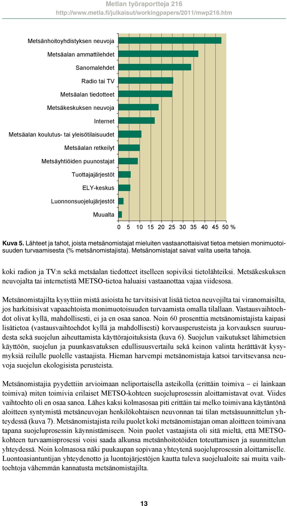 Lähteet ja tahot, joista metsänomistajat mieluiten vastaanottaisivat tietoa metsien monimuotoisuuden turvaamisesta (% metsänomistajista). Metsänomistajat saivat valita useita tahoja.