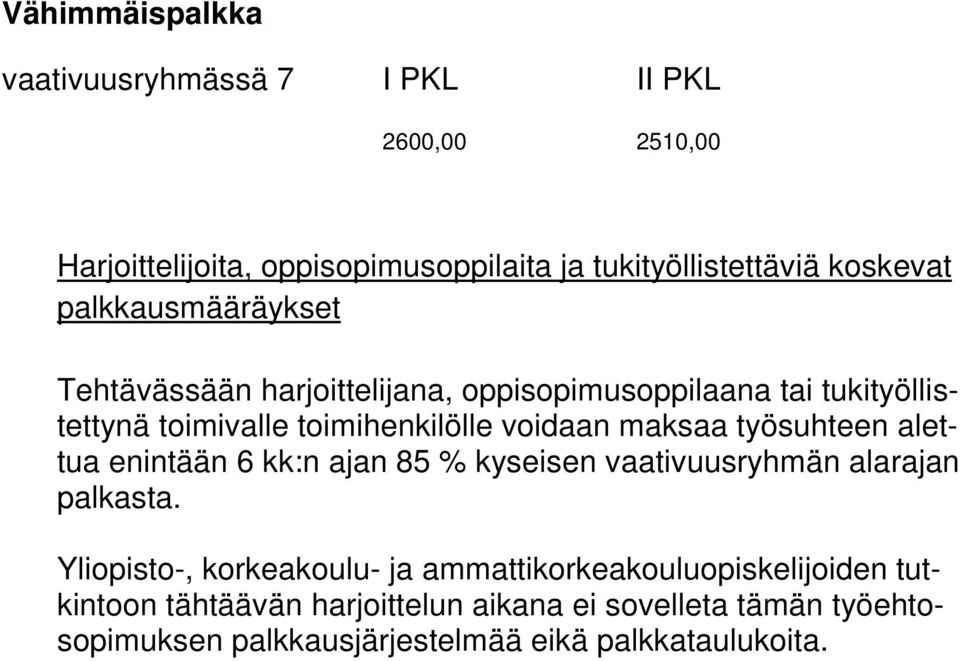 työsuhteen alettua enintään 6 kk:n ajan 85 % kyseisen vaativuusryhmän alarajan palkasta.