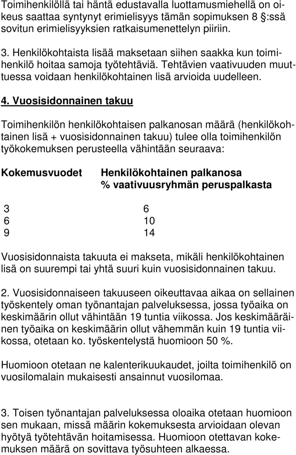 Vuosisidonnainen takuu Toimihenkilön henkilökohtaisen palkanosan määrä (henkilökohtainen lisä + vuosisidonnainen takuu) tulee olla toimihenkilön työkokemuksen perusteella vähintään seuraava: