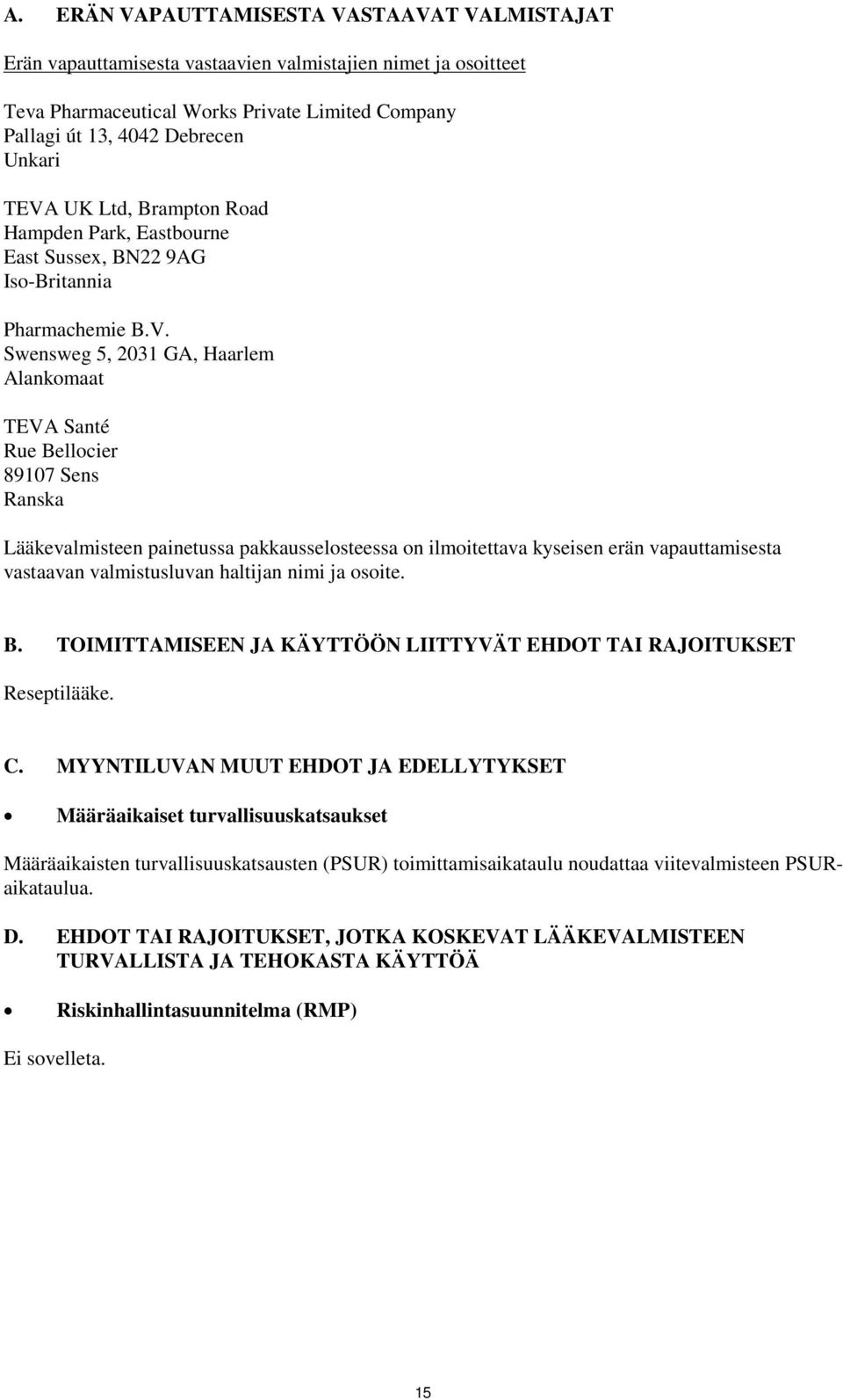 Lääkevalmisteen painetussa pakkausselosteessa on ilmoitettava kyseisen erän vapauttamisesta vastaavan valmistusluvan haltijan nimi ja osoite. B.