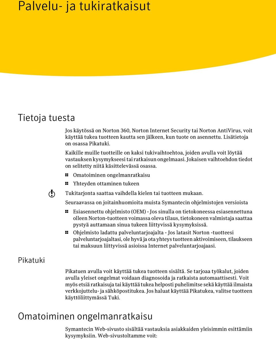 Jokaisen vaihtoehdon tiedot on selitetty niitä käsittelevässä osassa. w 1 Omatoiminen ongelmanratkaisu 1 Yhteyden ottaminen tukeen Tukitarjonta saattaa vaihdella kielen tai tuotteen mukaan.