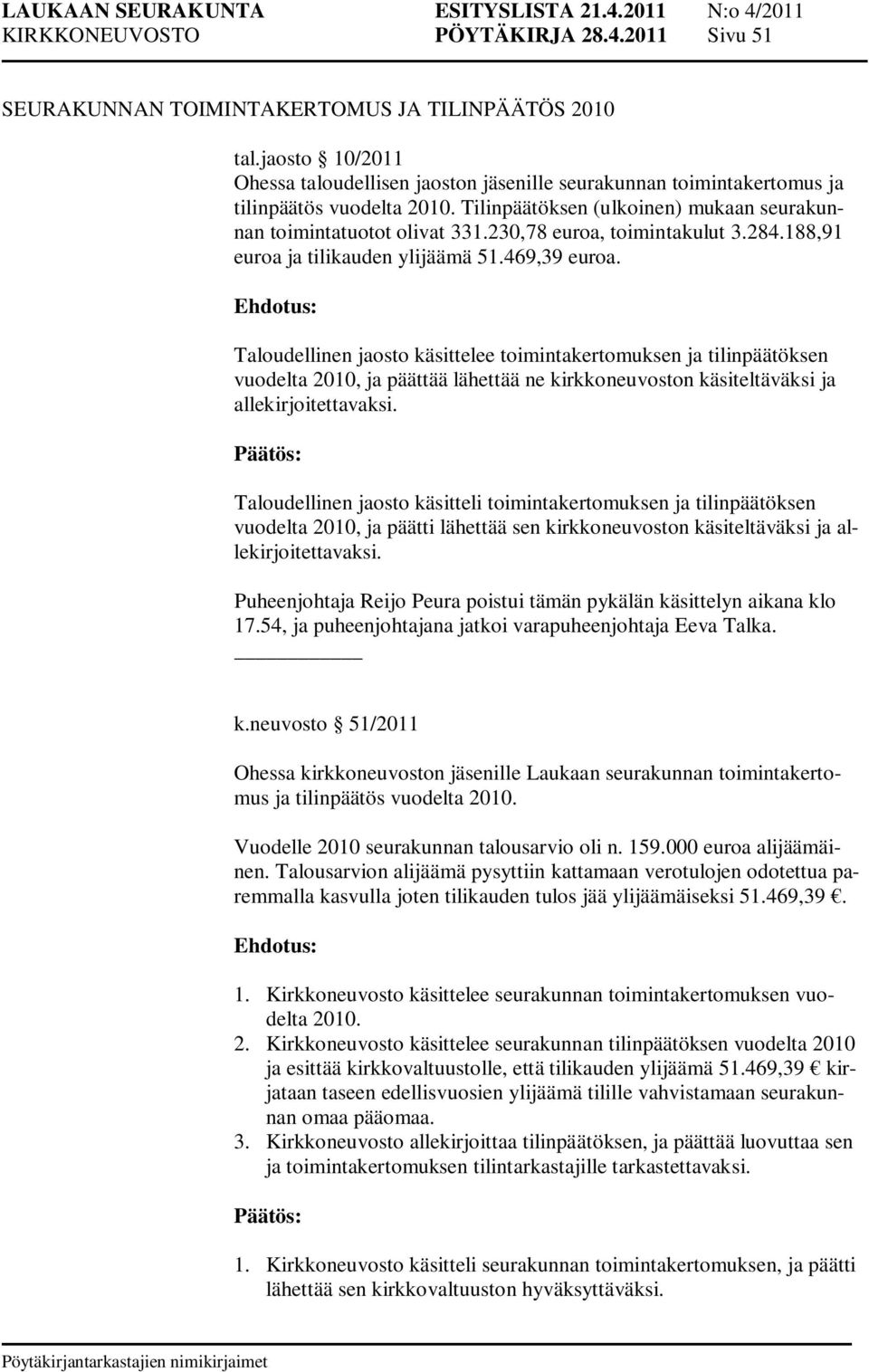 230,78 euroa, toimintakulut 3.284.188,91 euroa ja tilikauden ylijäämä 51.469,39 euroa.