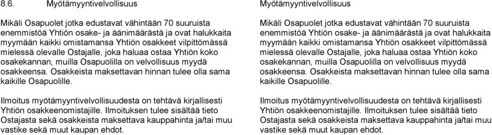 Osakkeista maksettavan hinnan tulee olla sama kaikille Osapuolille. Ilmoitus myötämyyntivelvollisuudesta on tehtävä kirjallisesti Yhtiön osakkeenomistajille.