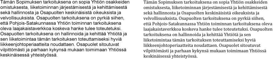 Osapuolten tarkoituksena on hallinnoida ja kehittää Yhtiötä ja sen liiketoimintaa tämän tarkoituksen toteuttamiseksi hyviä liikkeenjohtoperiaatteita noudattaen.