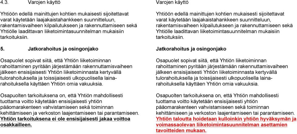 Jatkorahoitus ja osingonjako Osapuolet sopivat siitä, että Yhtiön liiketoiminnan rahoittaminen pyritään järjestämään rakennuttamisvaiheen jälkeen ensisijaisesti Yhtiön liiketoiminnasta kertyvällä