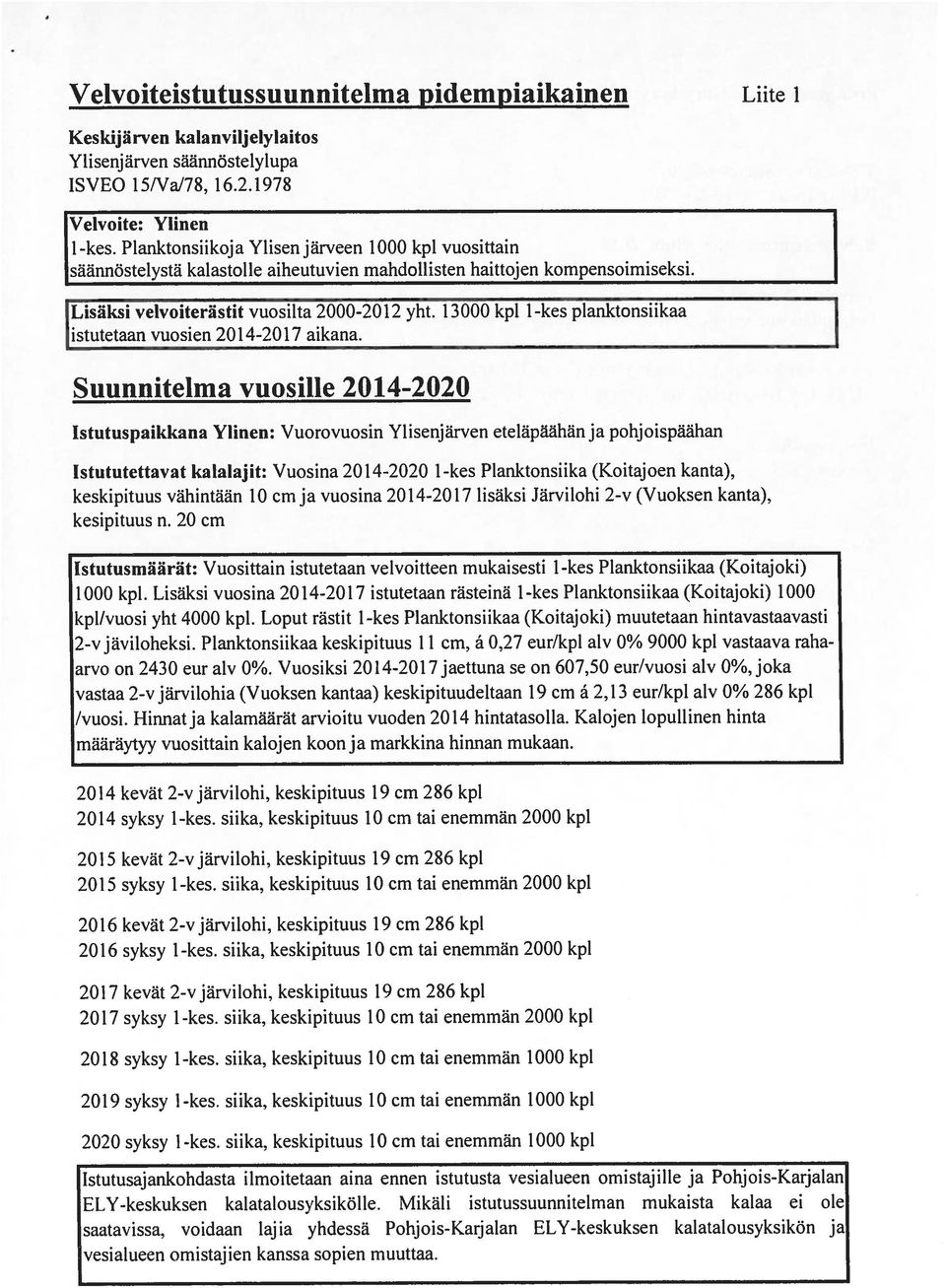 13000 kpl 1-kes planktonsiikaa istutetaan vuosien 2014-2017 aikana.