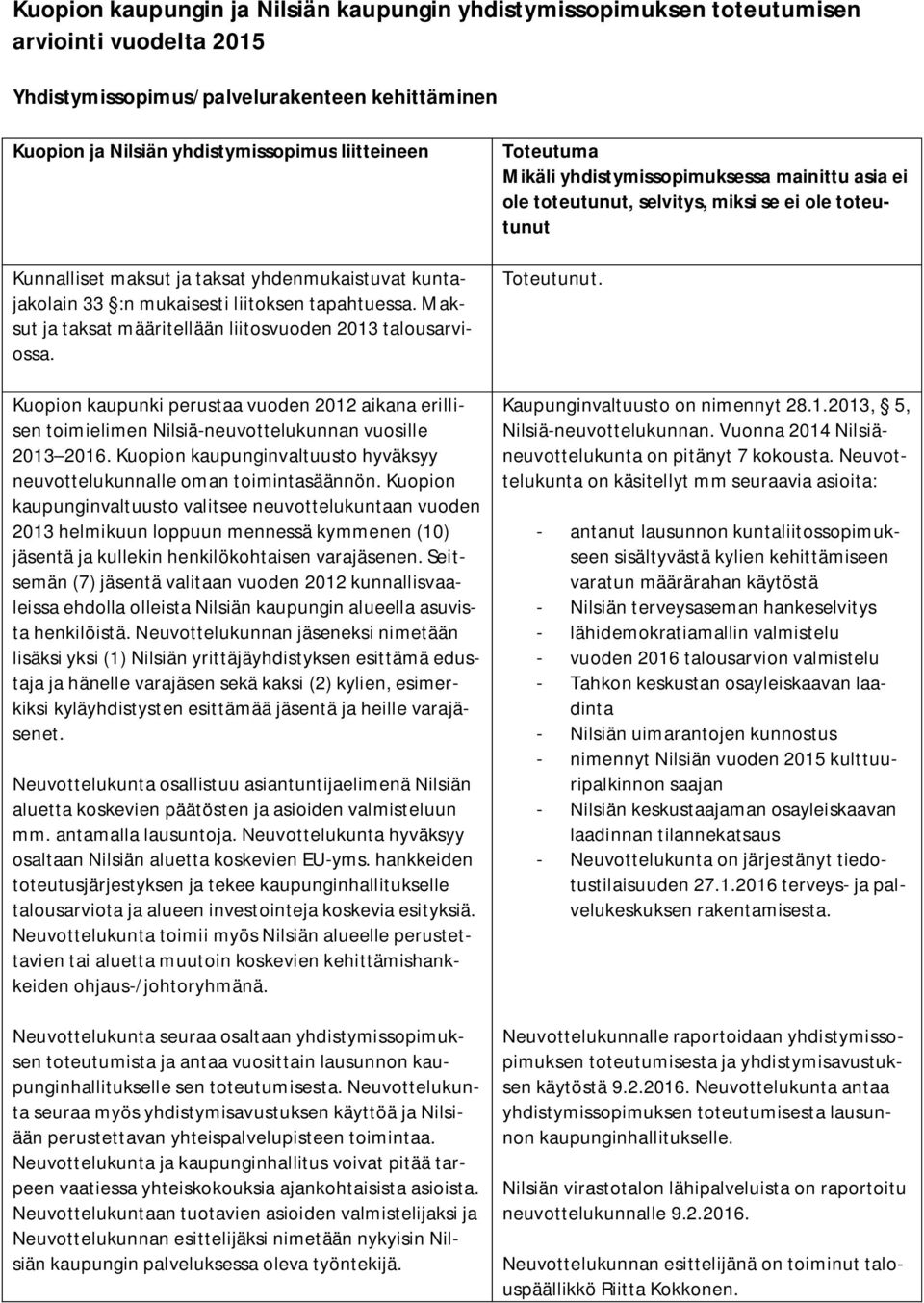 Kuopion kaupunki perustaa vuoden 2012 aikana erillisen toimielimen Nilsiä-neuvottelukunnan vuosille 2013 2016. Kuopion kaupunginvaltuusto hyväksyy neuvottelukunnalle oman toimintasäännön.