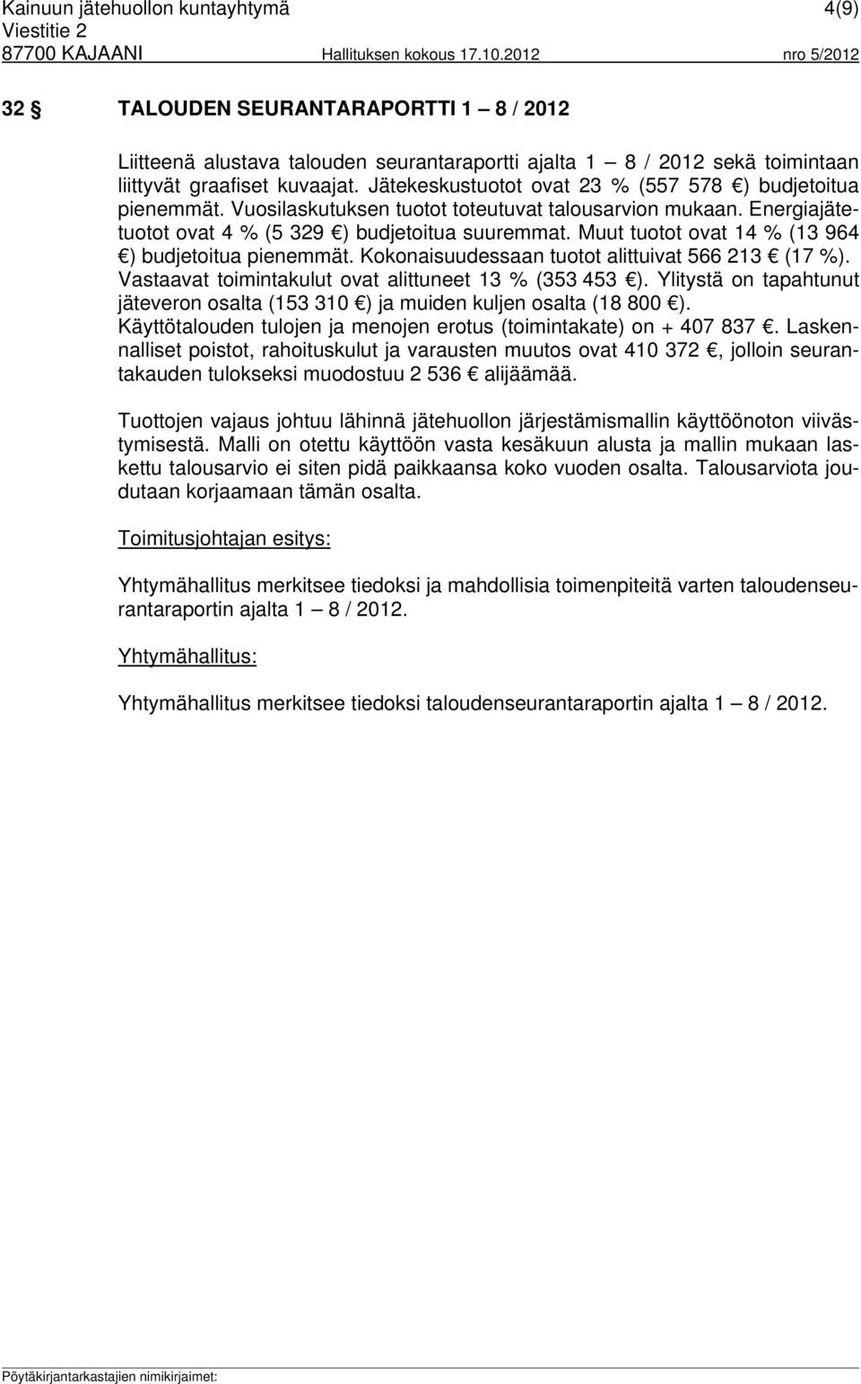 Muut tuotot ovat 14 % (13 964 ) budjetoitua pienemmät. Kokonaisuudessaan tuotot alittuivat 566 213 (17 %). Vastaavat toimintakulut ovat alittuneet 13 % (353 453 ).