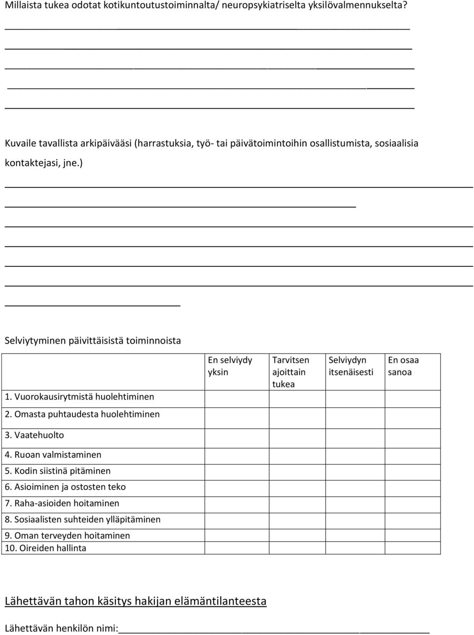 Vuorokausirytmistä huolehtiminen En selviydy yksin Tarvitsen ajoittain tukea Selviydyn itsenäisesti En osaa sanoa 2. Omasta puhtaudesta huolehtiminen 3. Vaatehuolto 4.