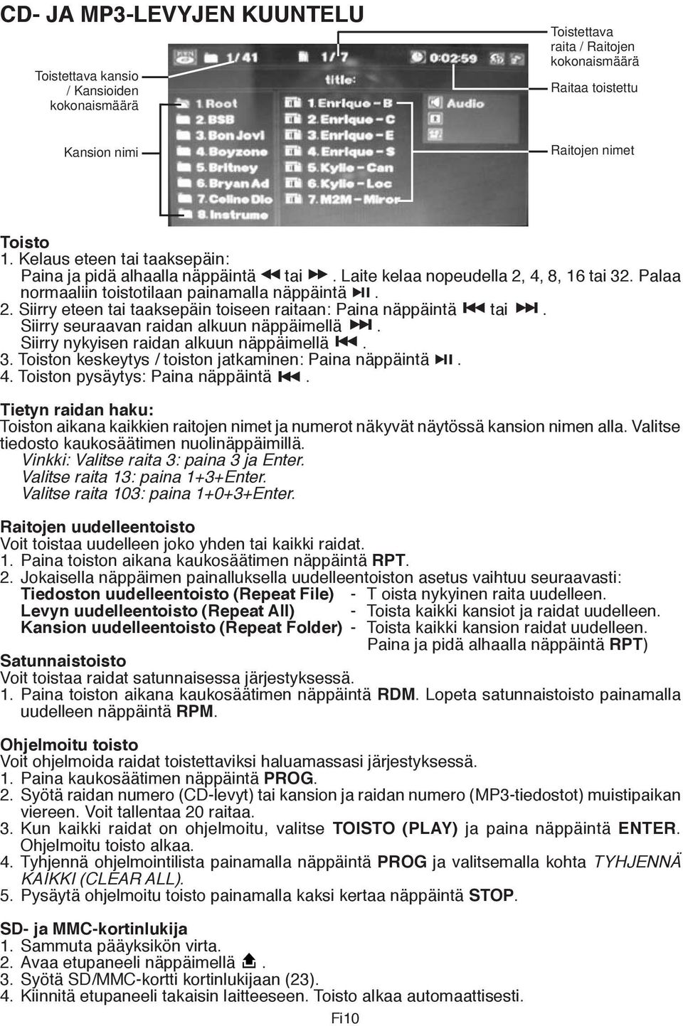 Siirry seuraavan raidan alkuun näppäimellä. Siirry nykyisen raidan alkuun näppäimellä. 3. Toiston keskeytys / toiston jatkaminen: Paina näppäintä. 4. Toiston pysäytys: Paina näppäintä.