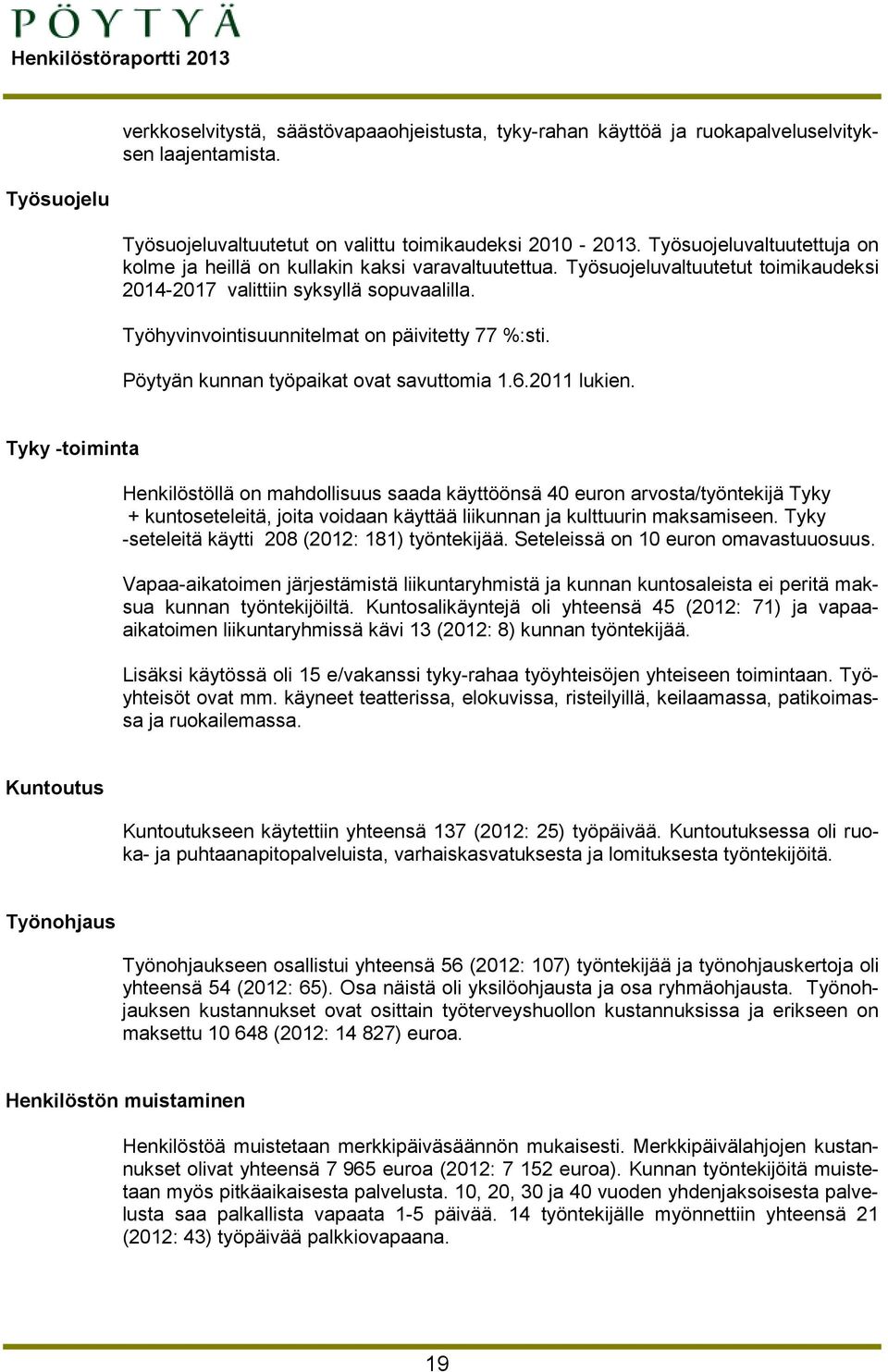 Työhyvinvointisuunnitelmat on päivitetty 77 %:sti. Pöytyän kunnan työpaikat ovat savuttomia 1.6.2011 lukien.