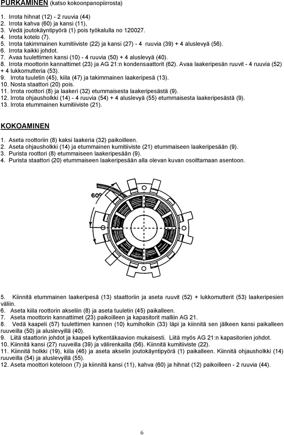 Irrota moottorin kannattimet (23) ja AG 21:n kondensaattorit (62). Avaa laakeripesän ruuvit - 4 ruuvia (52) + 4 lukkomutteria (53). 9. Irrota tuuletin (45), kiila (47) ja takimmainen laakeripesä (13).