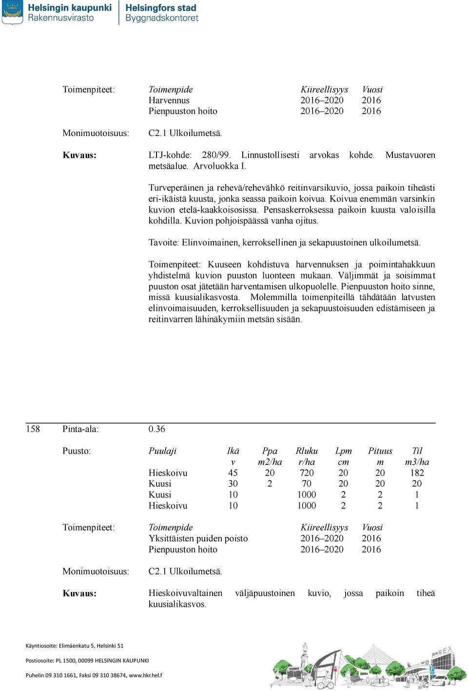 Pensaskerroksessa paikoin kuusta aloisilla kohdilla. Kuion pohjoispäässä anha ojitus. Taoite: Elinoiainen, kerroksellinen ja sekapuustoinen ulkoiluetsä.